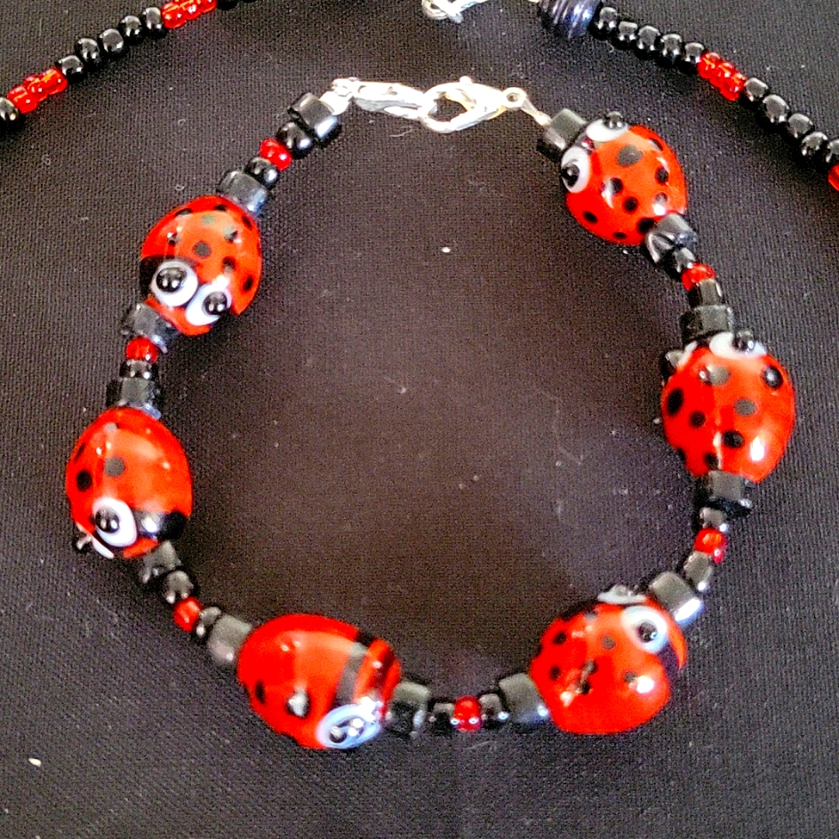 Handcrafted Lampworked Lady Bug Jewelry Set